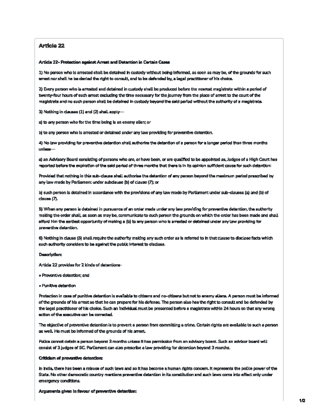 Article 22 - Protection Against Arrest & Detention Rights - Studocu