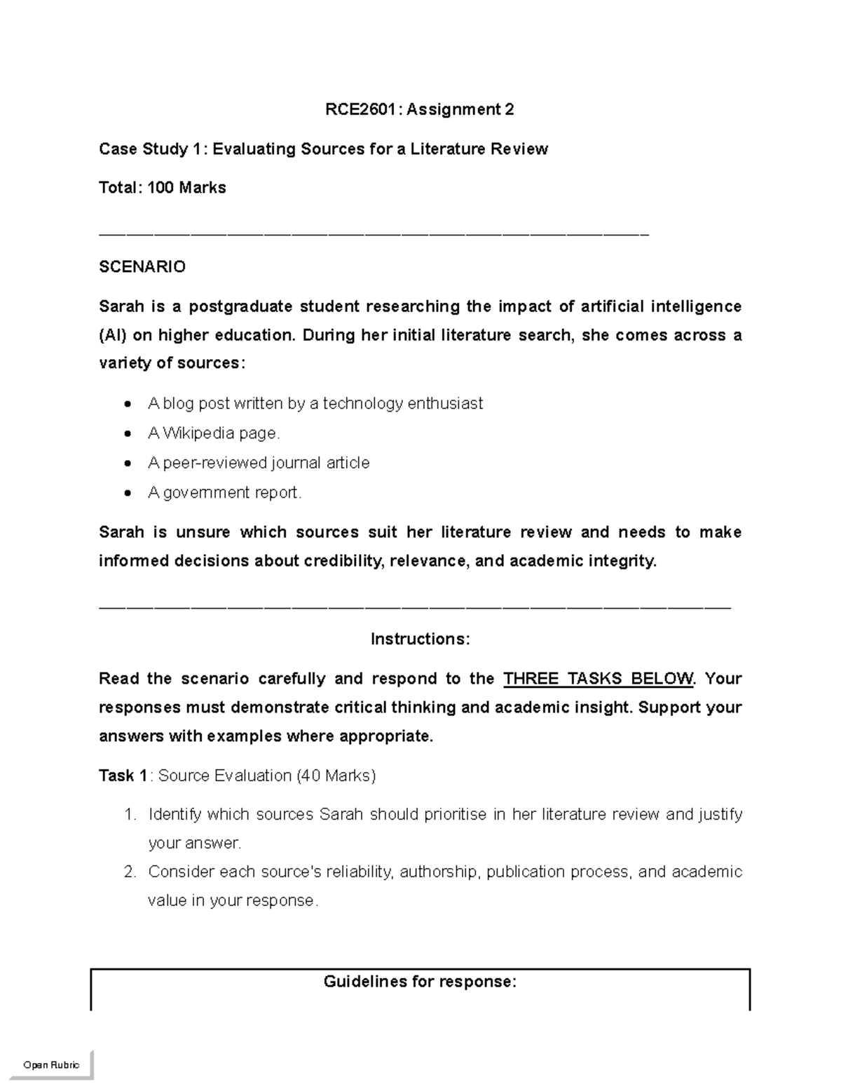 RCE2601: Assignment 2 Case Study - Evaluating Literature Sources - Studocu