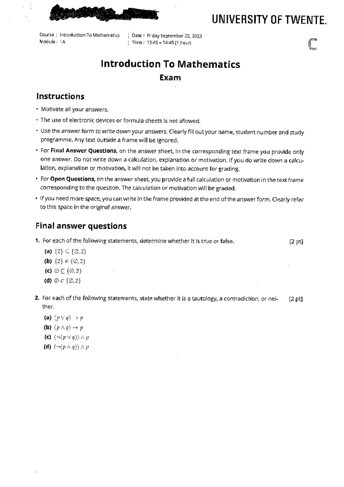 Introduction to Mathematics Exam Instructions (Module 1A) - Studeersnel