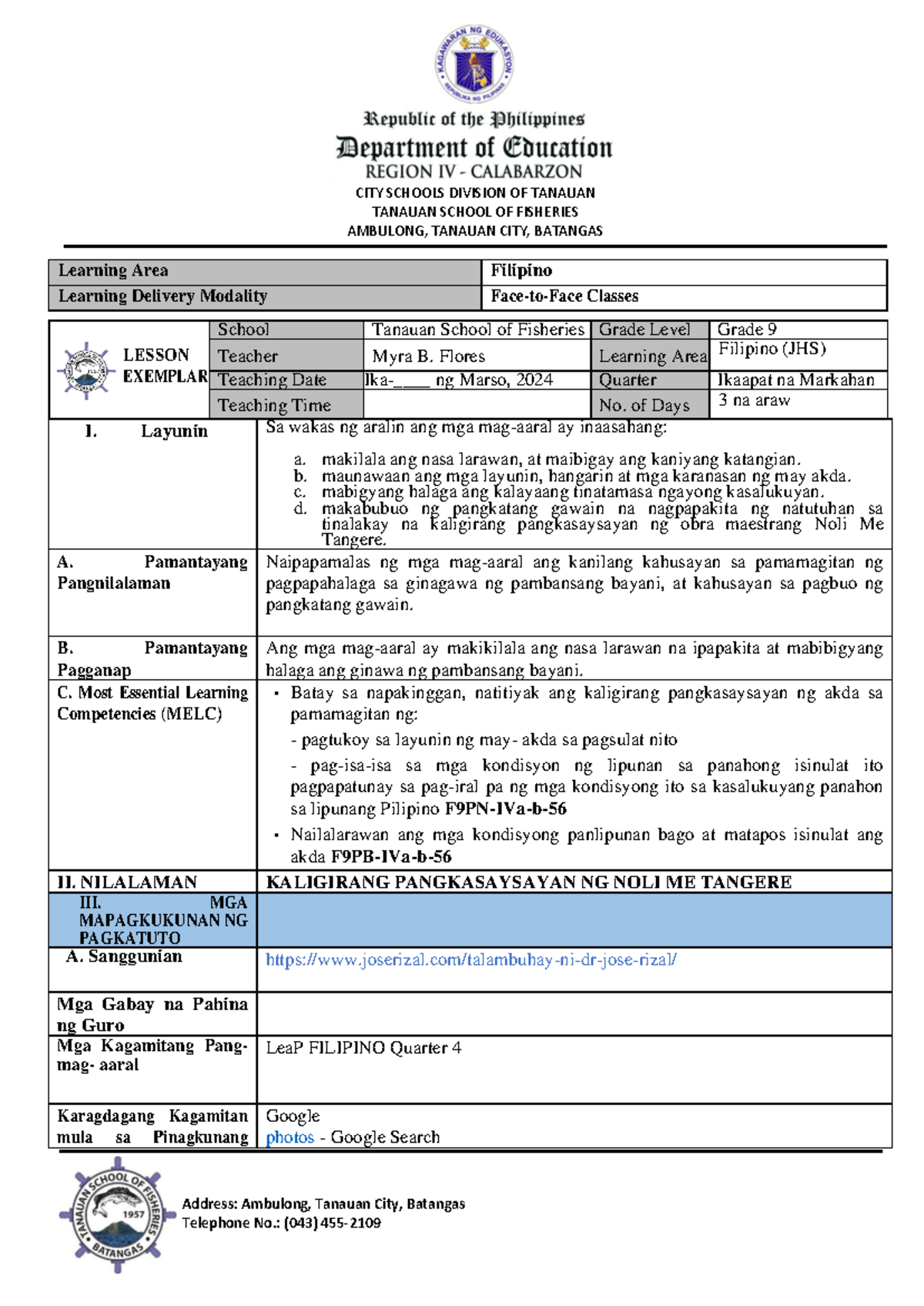 Banghay Aralin sa Filipino: Noli Me Tangere sa Ikaapat na Markahan - Document Preview