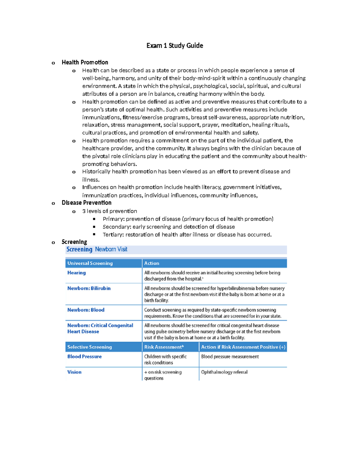 NUR 101: Exam 1 Study Guide on Health Promotion & Disease Prevention ...