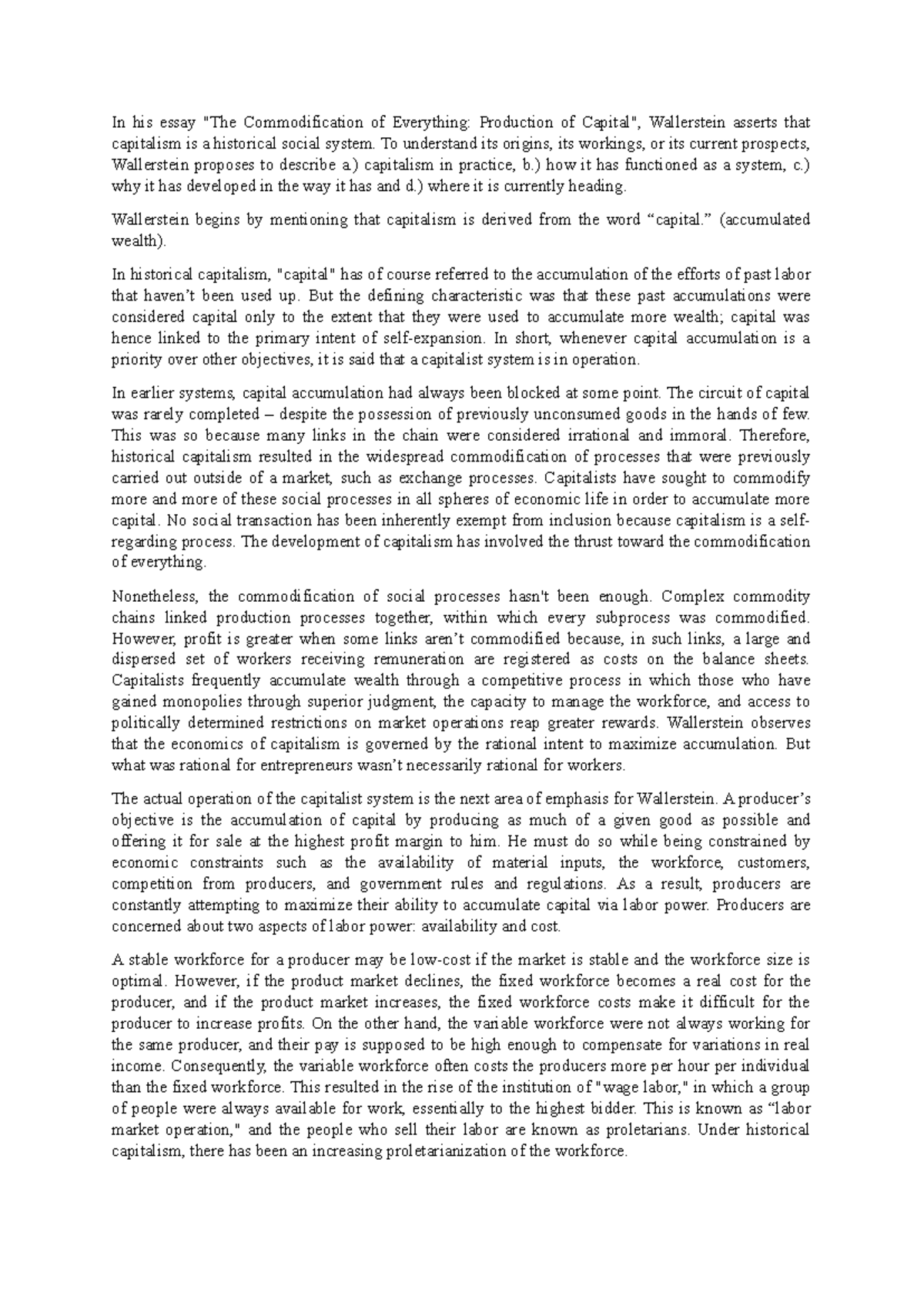 Wallerstein's Analysis of Capitalism: Commodification and ...