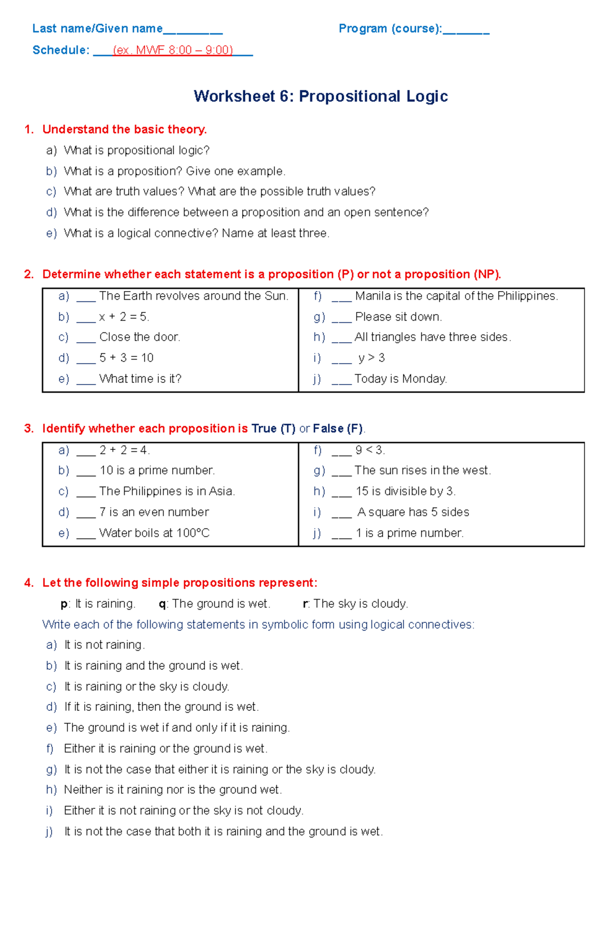 Worksheet 6: Propositional Logic Concepts and Exercises - Studocu