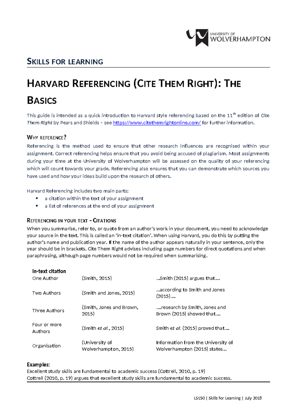 LS134 Harvard Referencing Quick Guide (Cite Them Right) 2018 - Studocu