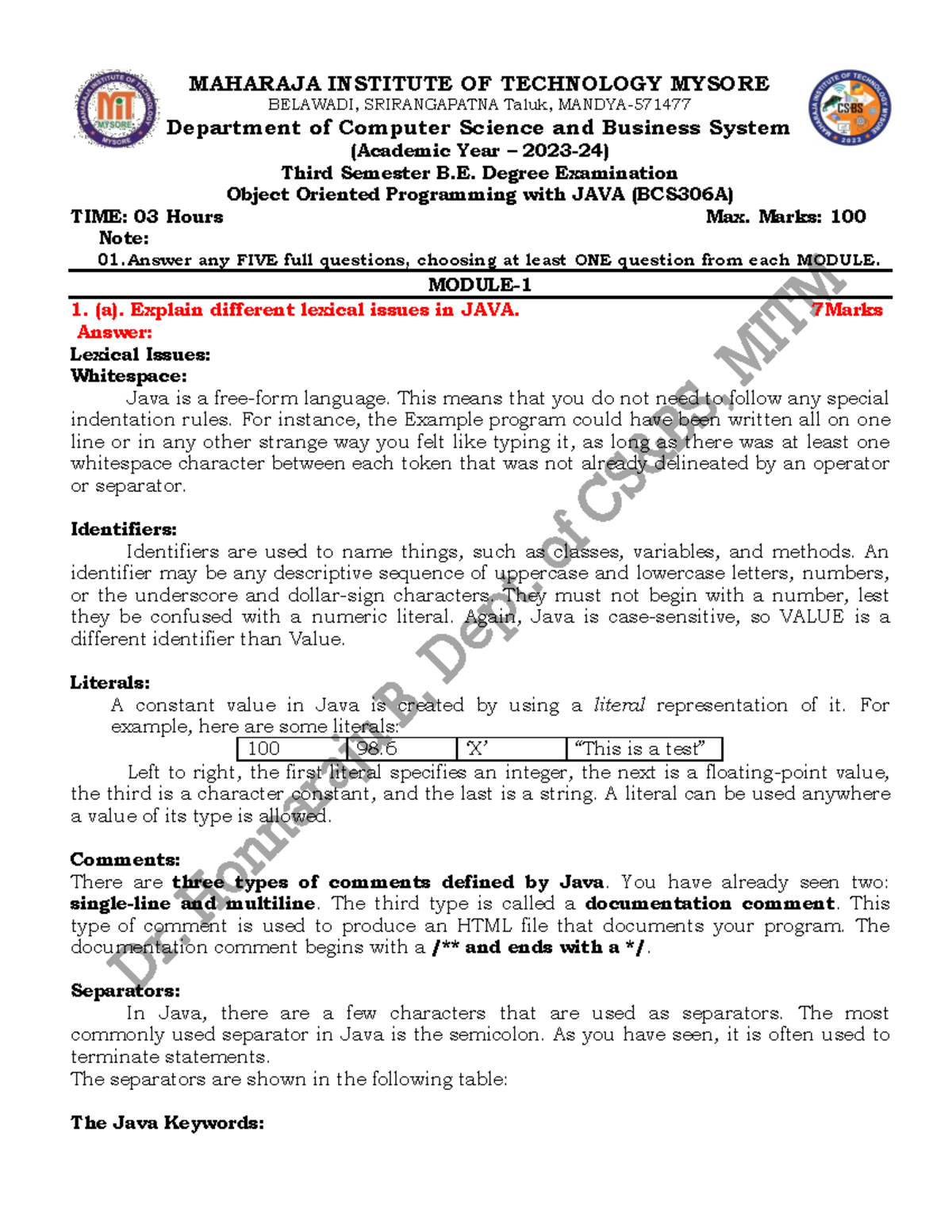 OOPS WITH JAVA BCS306A- Model Paper Solution - MAHARAJA INSTITUTE OF ...