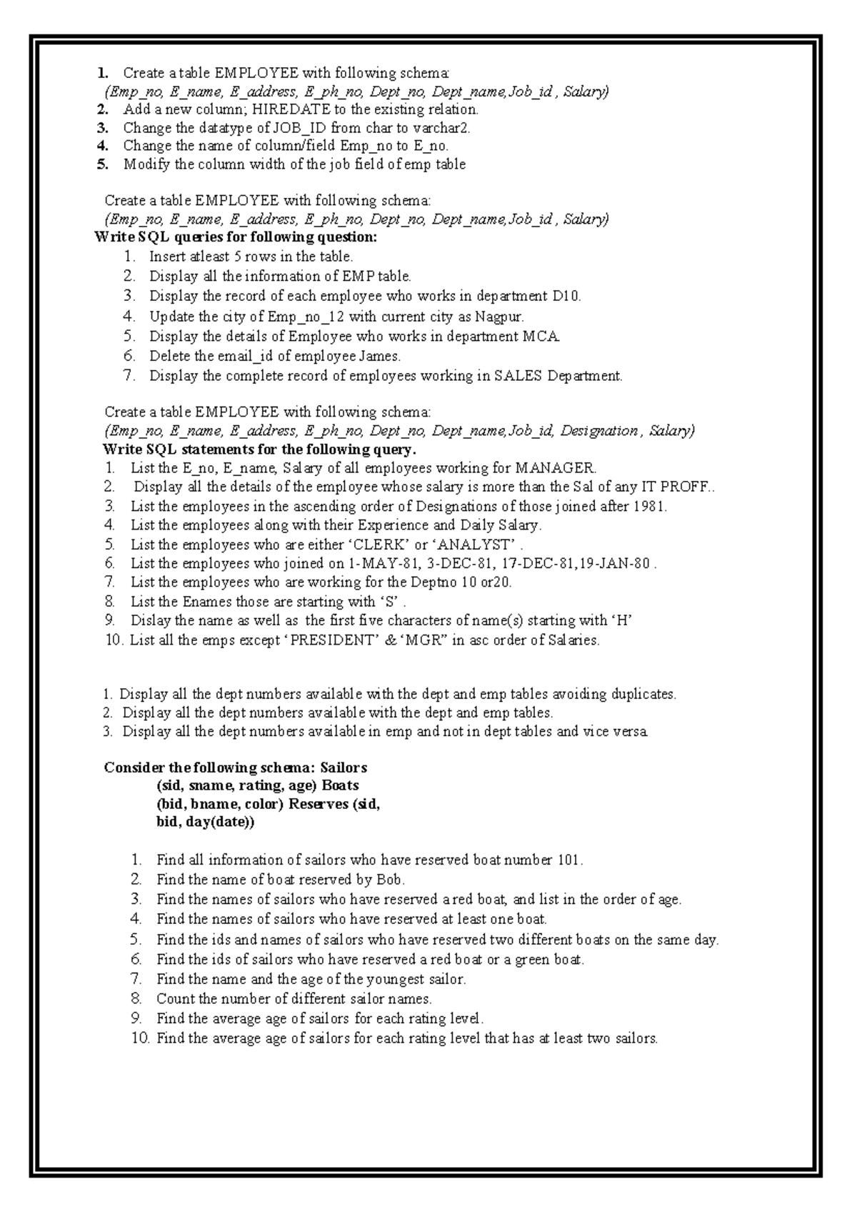 DBMS LAB IA-1: SQL Queries for Employee and Sailor Data Management ...