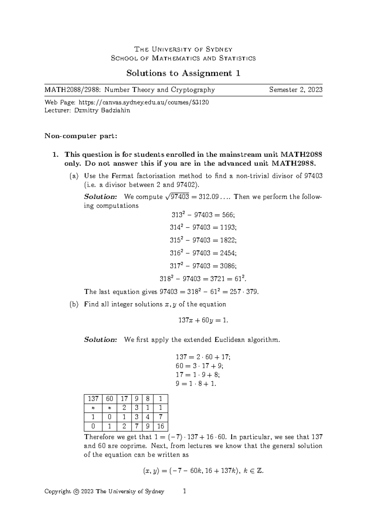 MATH2088 Semester 2, 2023 Assignment 1 Solutions: Number Theory - Studocu
