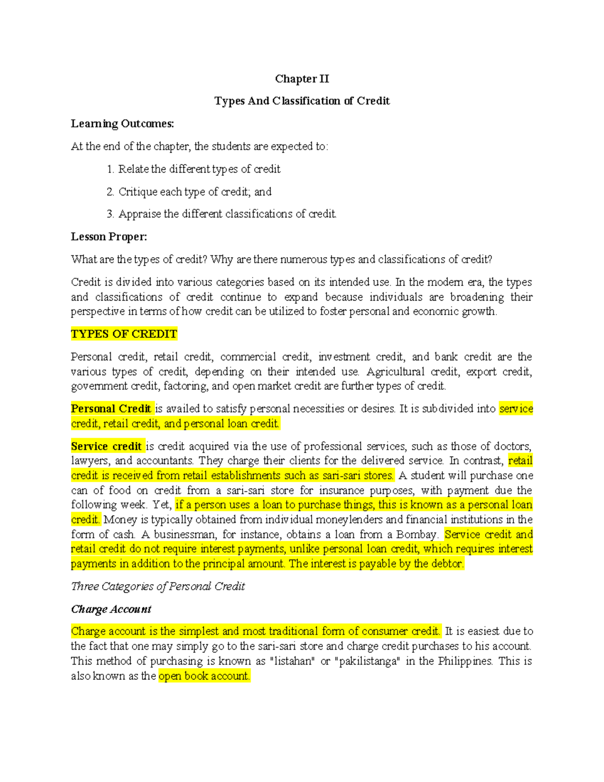 Types and Classifications of Credit: Chapter II Insights - Studocu