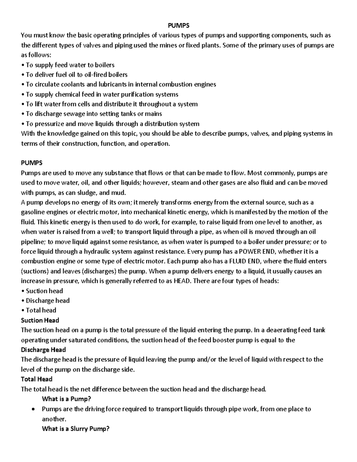 Lesson Notes for PUMP 1: Operating Principles and Applications - Studocu