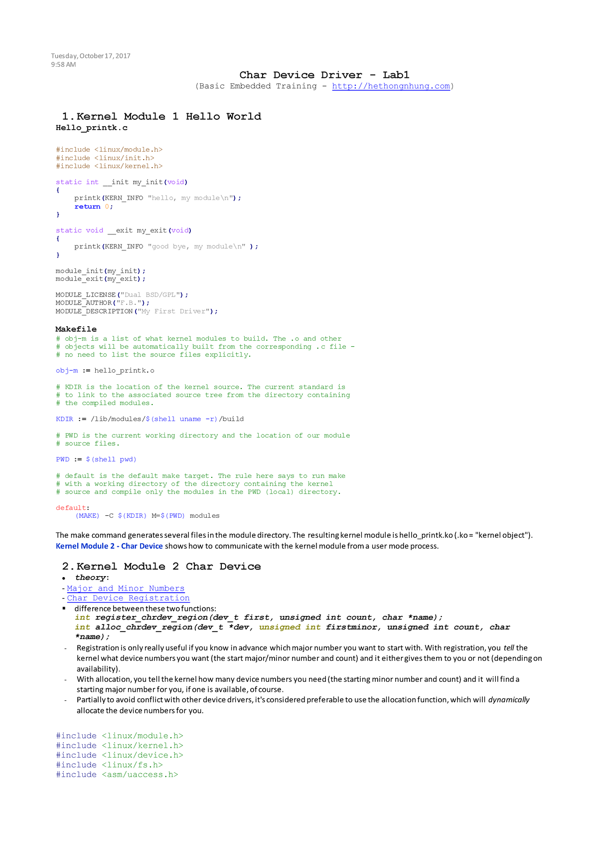 Char Device Driver - Lab1 - Tuesday, October 17, 2017 9:58 AM Char ...