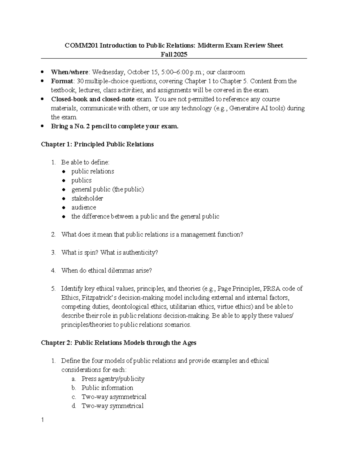 COMM201: Midterm Exam Review Sheet for Public Relations - Studocu