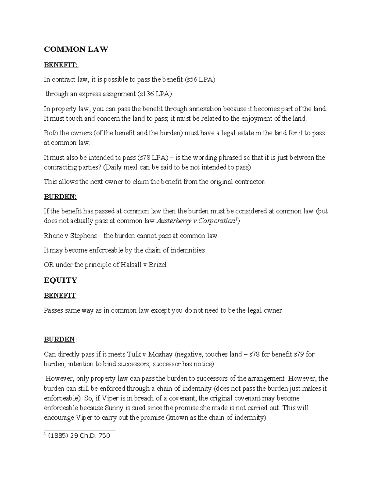Anne Assignment Notes: Freehold Covenants in Common Law & Equity - Studocu