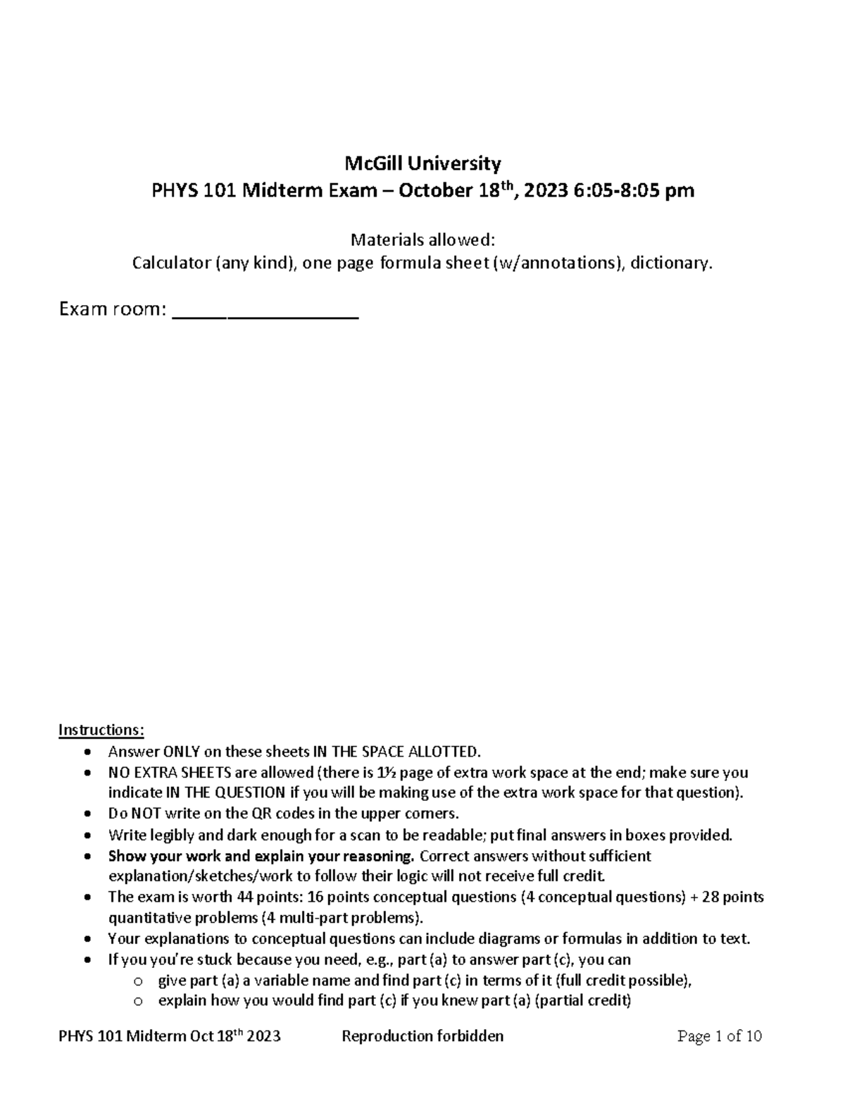 PHYS 101 Midterm Exam October 18, 2023 - Past Exam Materials - Studocu