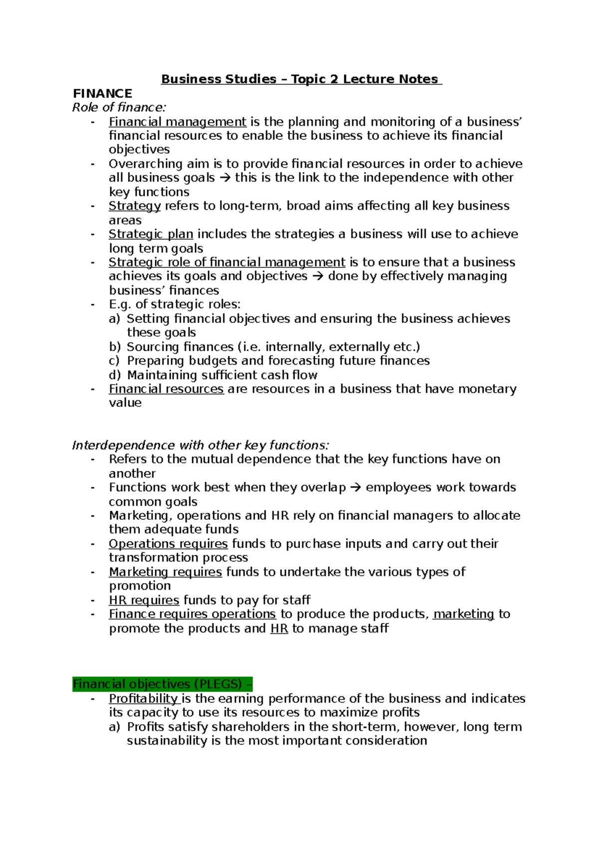 Business Studies Topic 2 Lecture Notes: The Role of Finance in ...