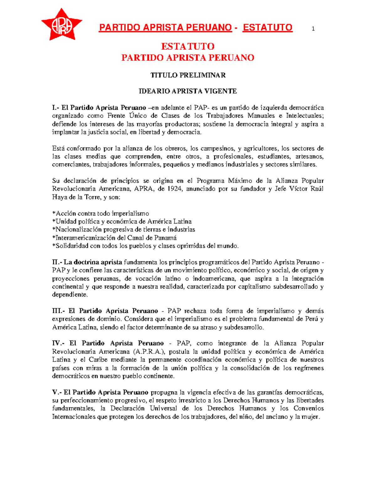 Estatuto del Partido Aprista Peruano (PAP) - ROP y Distribución - Studocu