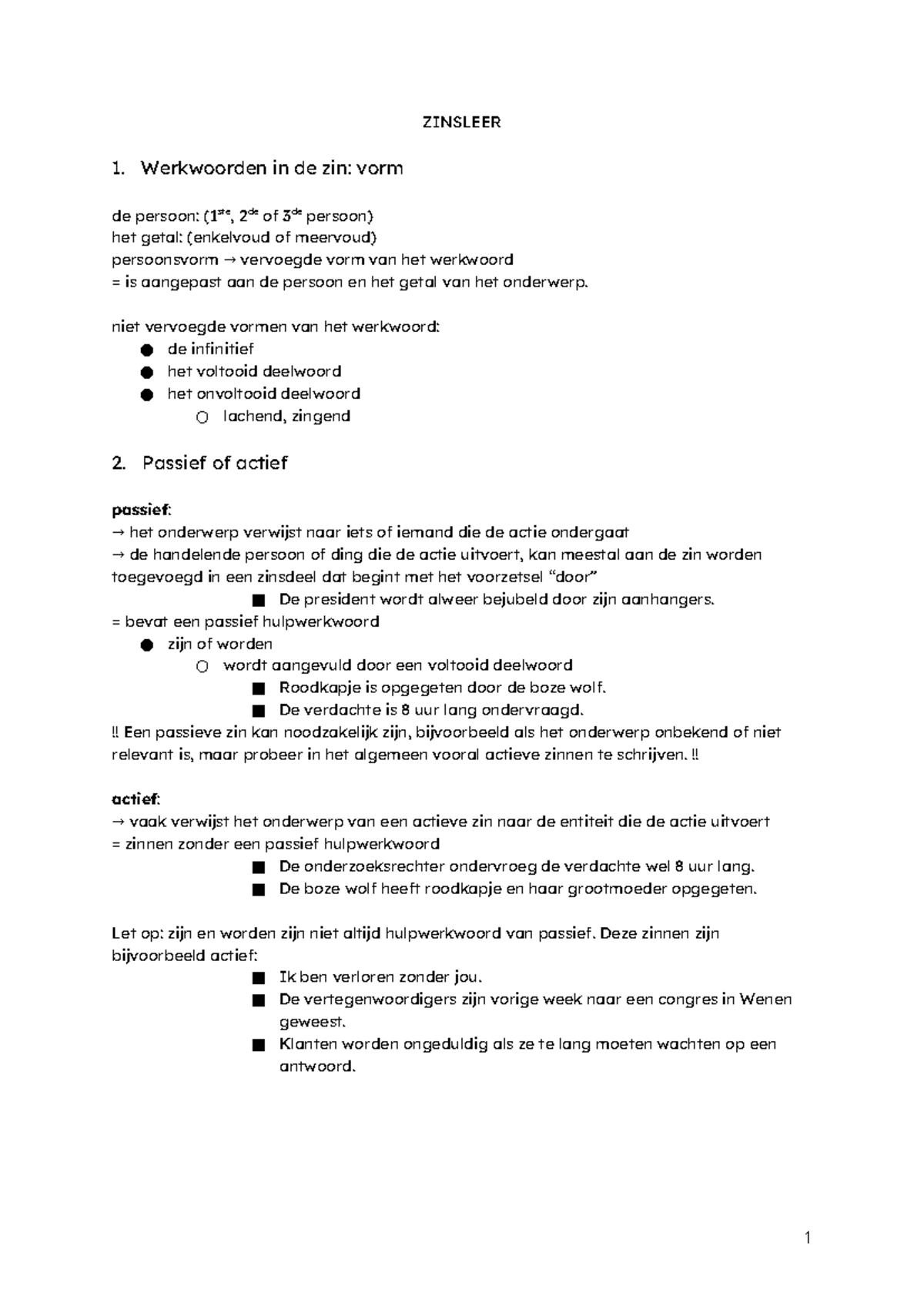 ZINSLEER 1: Samenvatting van Werkwoorden en Zinsstructuur - Studocu