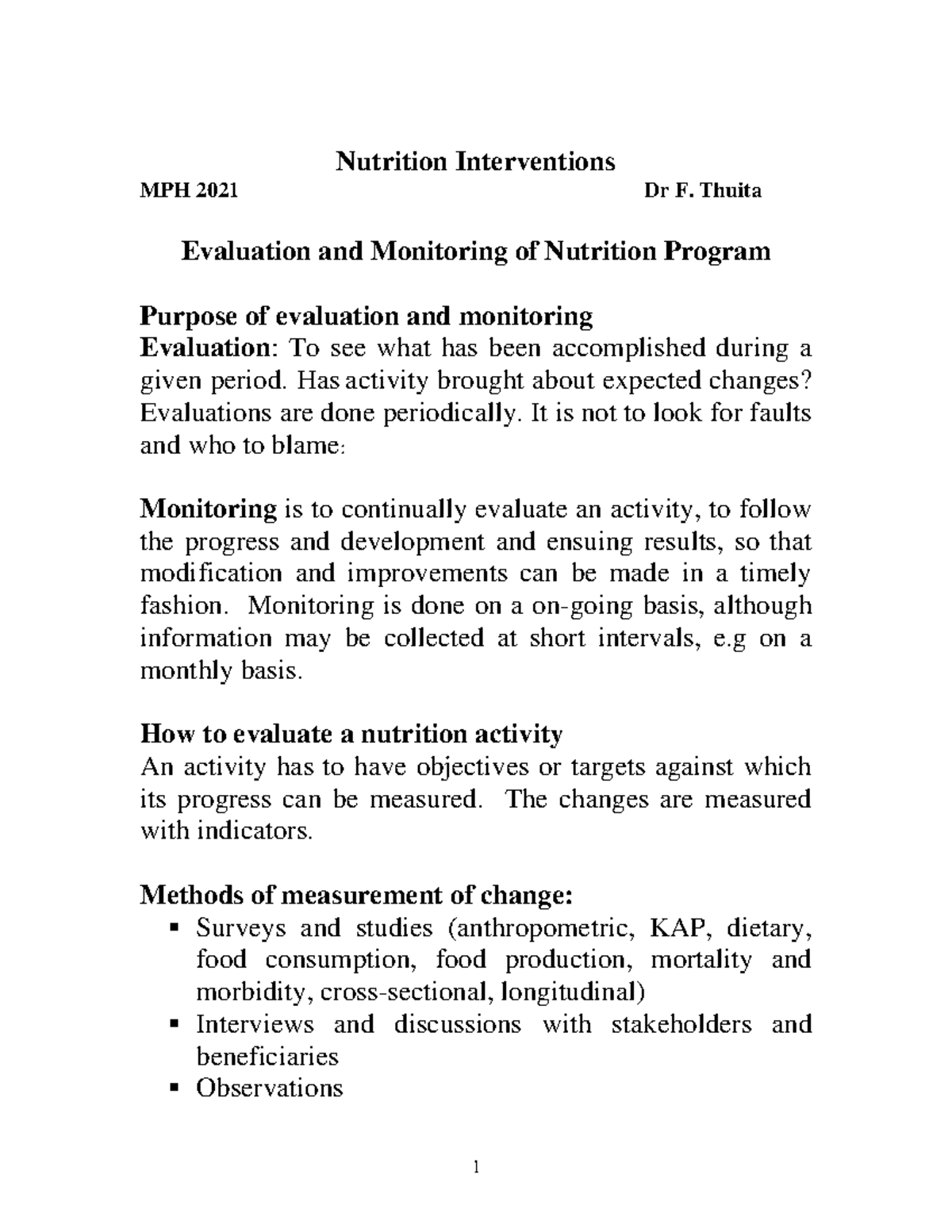 Evaluation and Monitoring of Nutrition Interventions MPH 2021 - Studocu