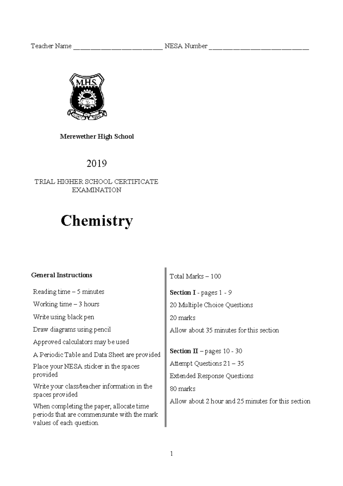 Merewether High School 2019 Trial HSC Chemistry Exam Notes - Studocu