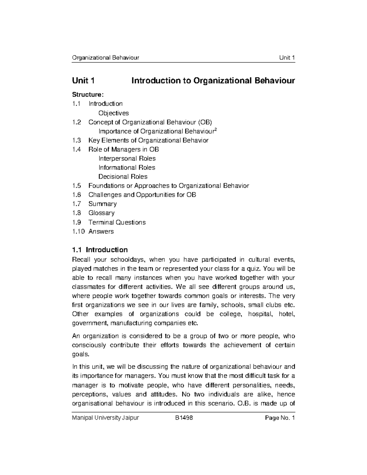 DBB1102-Unit 01-Introduction to Organizational Behaviour - Unit 1 ...