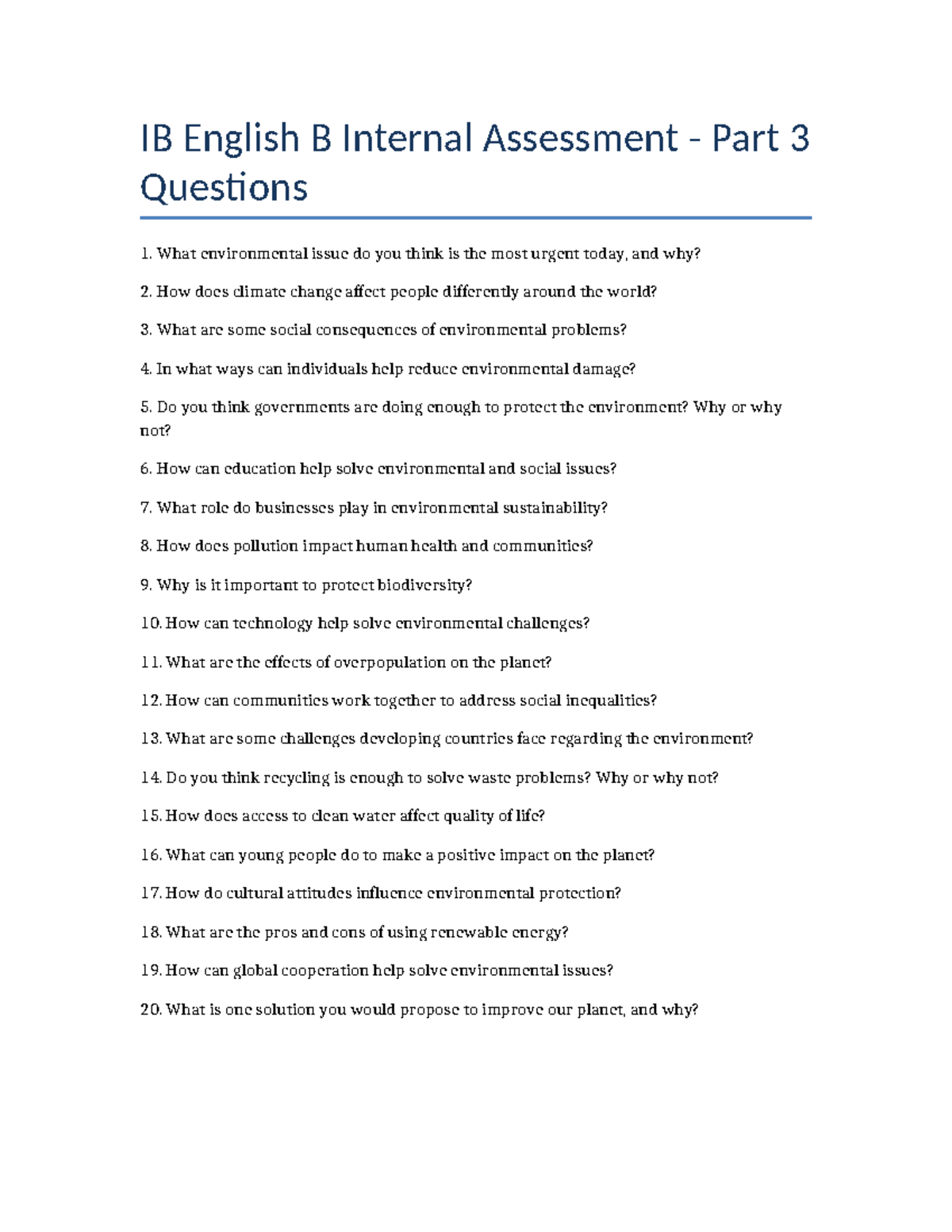 IB English B Internal Assessment: Environmental Issues & Solutions ...