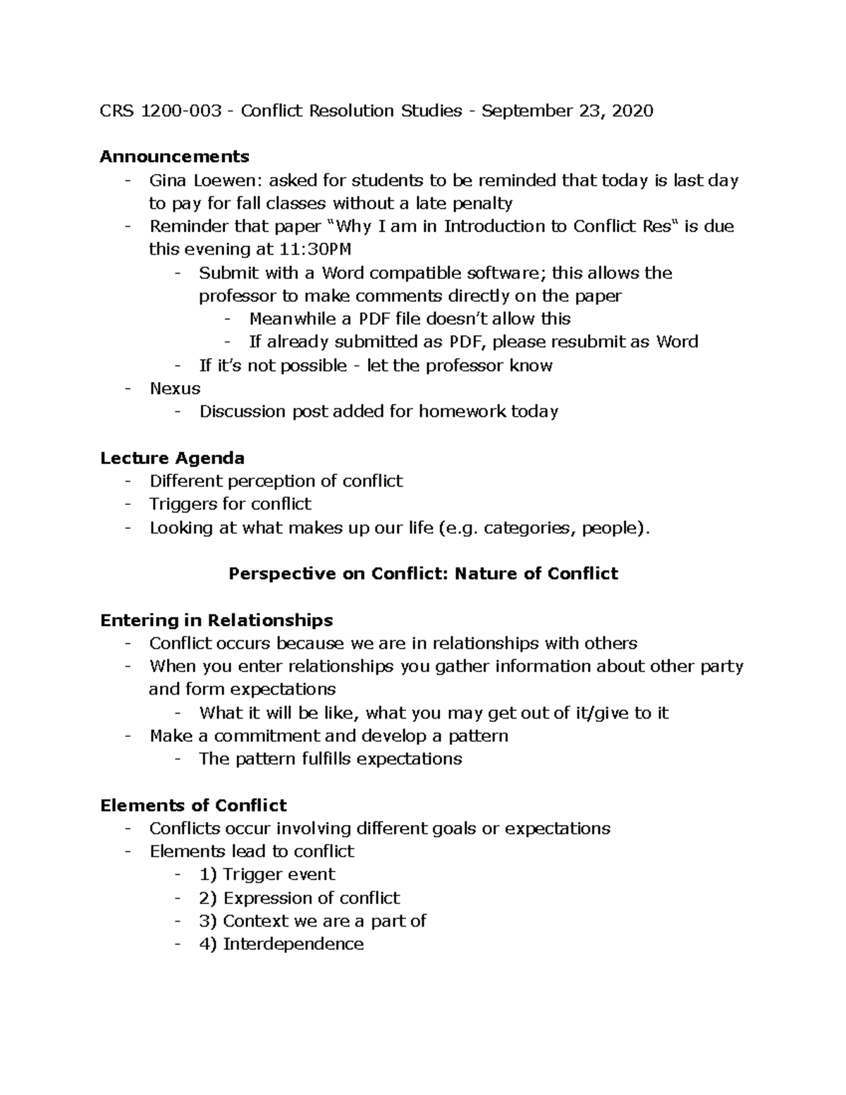 Conflict Resolution Studies - September 23, 2020 - CRS 1200-003 ...