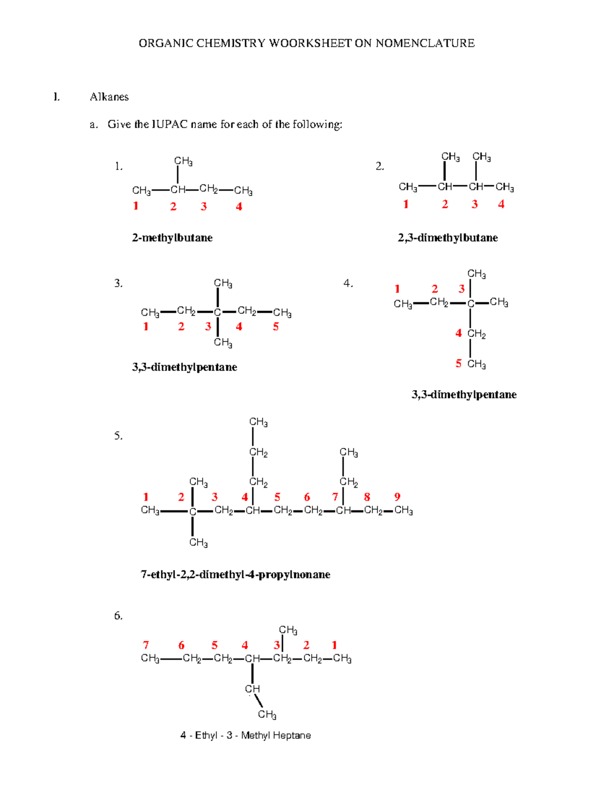 Organic Chemistry Worksheet on Nomenclature Chem 112 Studocu