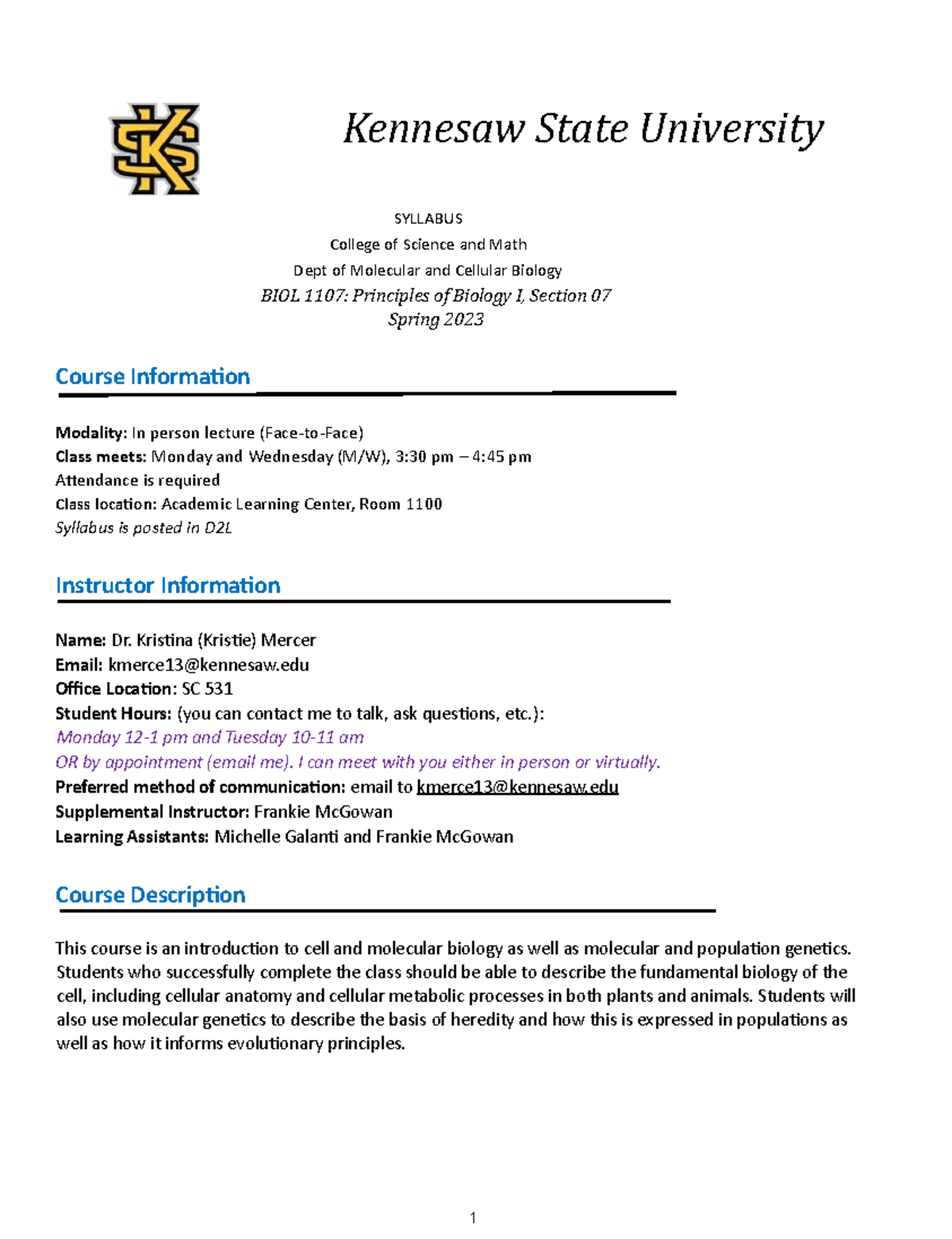 BIOL 1107 Syllabus - Principles of Biology I, Spring 2023 - Studocu
