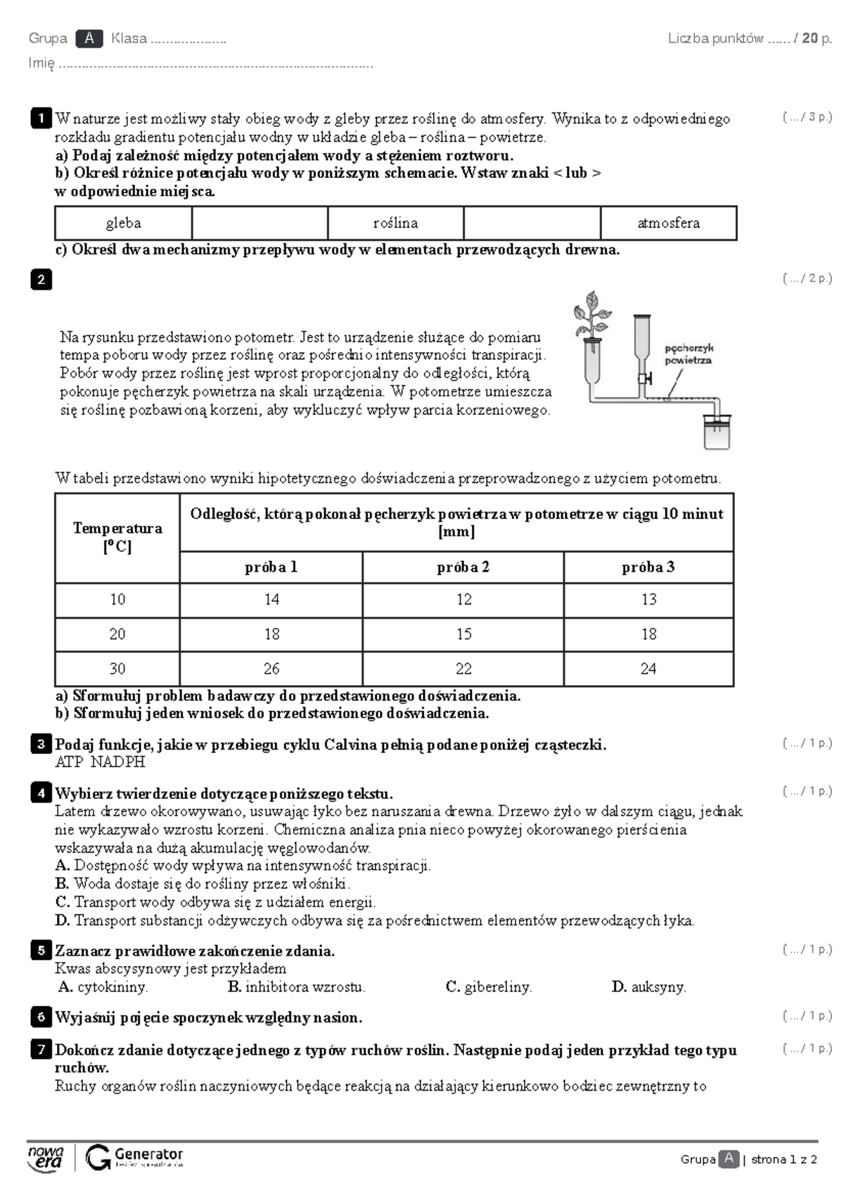Test R4: Funkcjonowanie roślin - Punktacja i Pytania Eksperymentalne