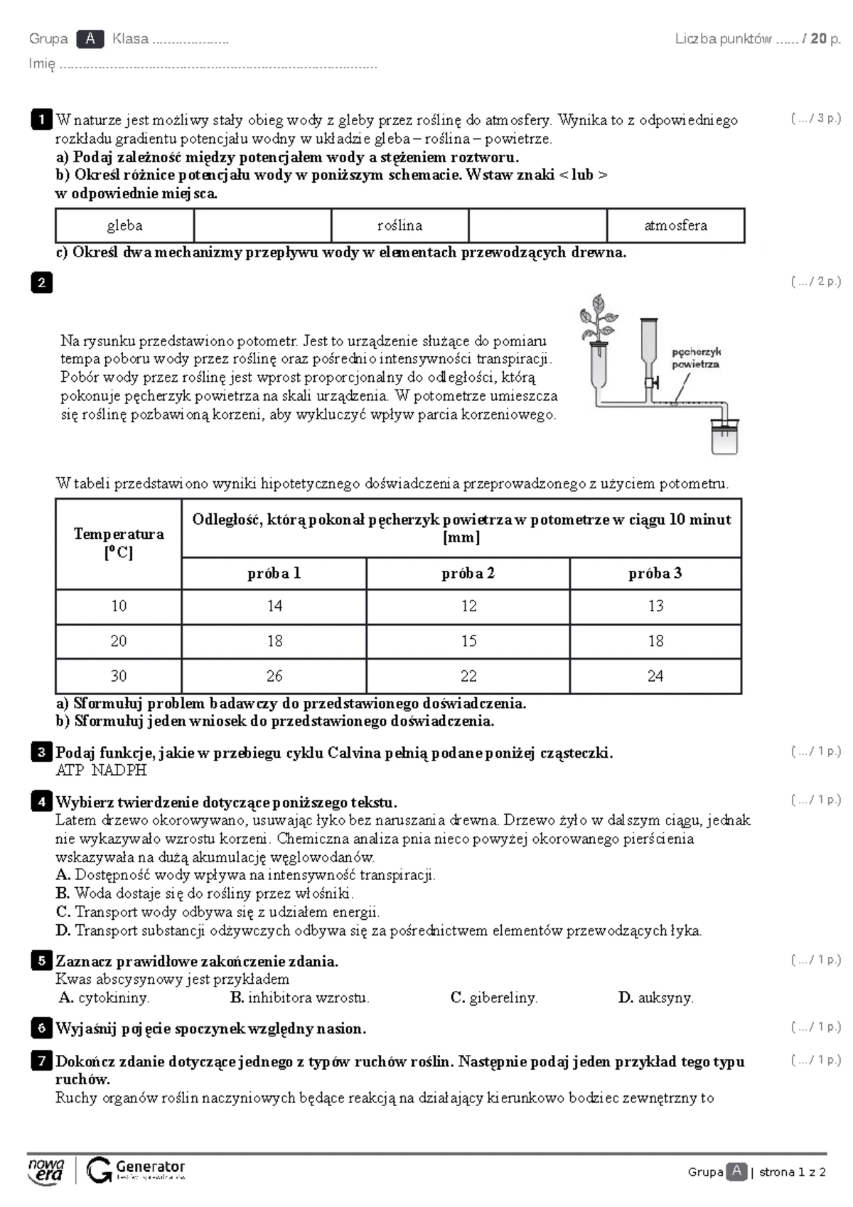 Test R4. Funkcjonowanie roślin - Test z punktacją 29 p. Grupa A - Studocu