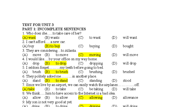 TEST FOR UNIT 3: INCOMPLETE SENTENCES AND READING COMPREHENSION - Studocu