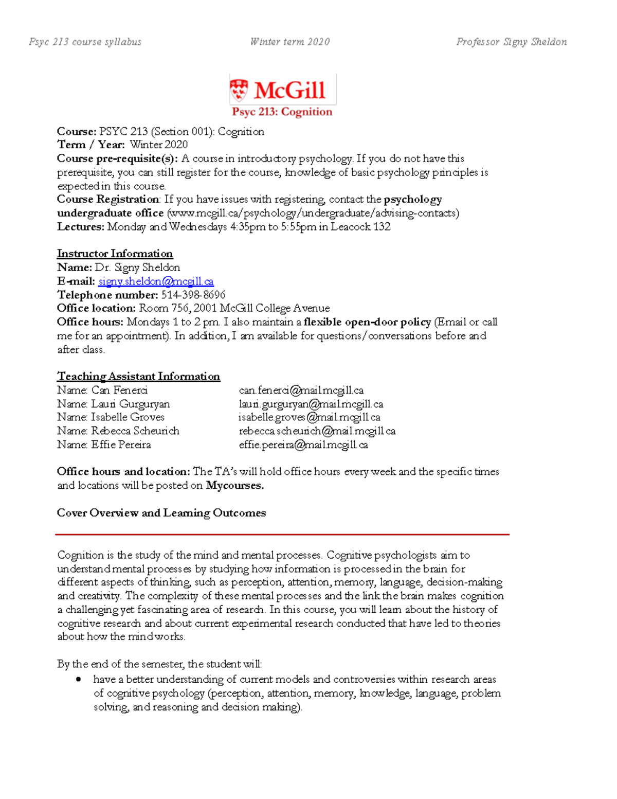 PSYC 213 Cognition Syllabus Overview for Winter 2020 - Studocu