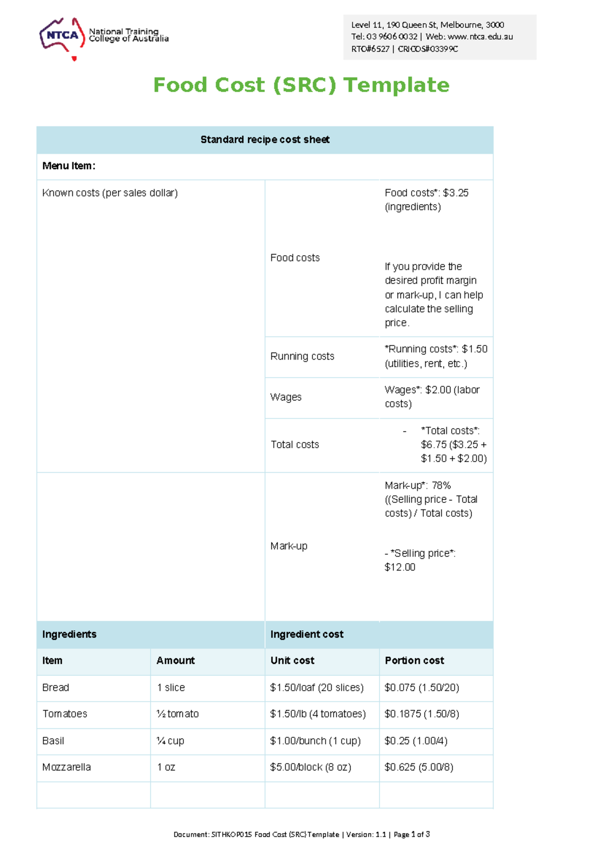 SITHKOP015 Food Cost Template: Calculating Selling Price & Costs - Studocu