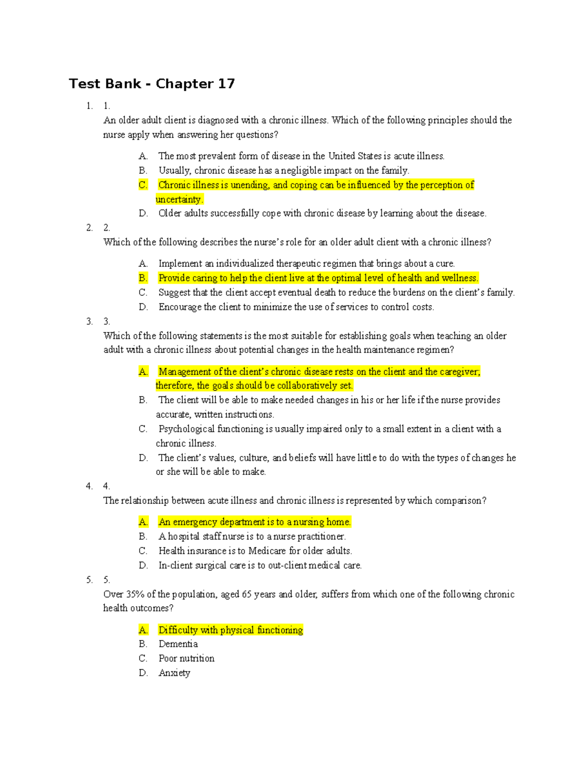 NUR 257 Unit 2 Chapter 17 Test Bank Questions - Studocu