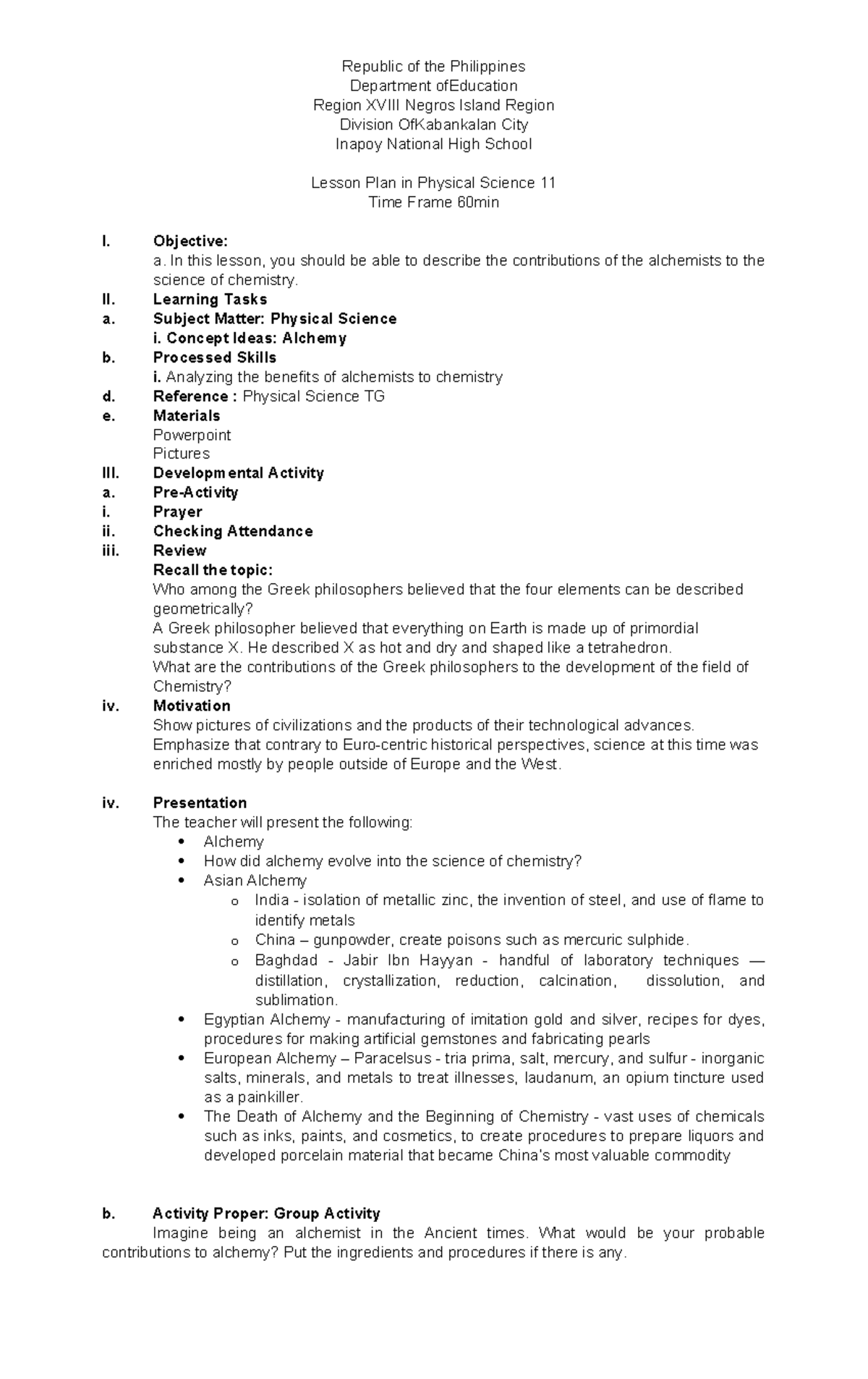 DLP 7: Lesson Plan on Alchemists #39 Impact on Chemistry Science Studocu