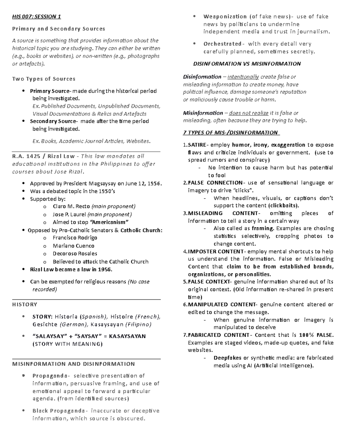 HIS 007 - Comprehensive Session Notes: Sources, Rizal, and Politics ...