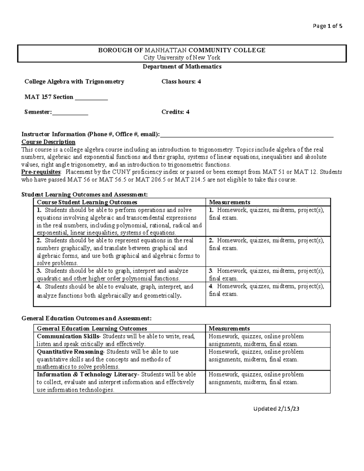 MAT 157 - College Algebra with Trigonometry Syllabus - Studocu