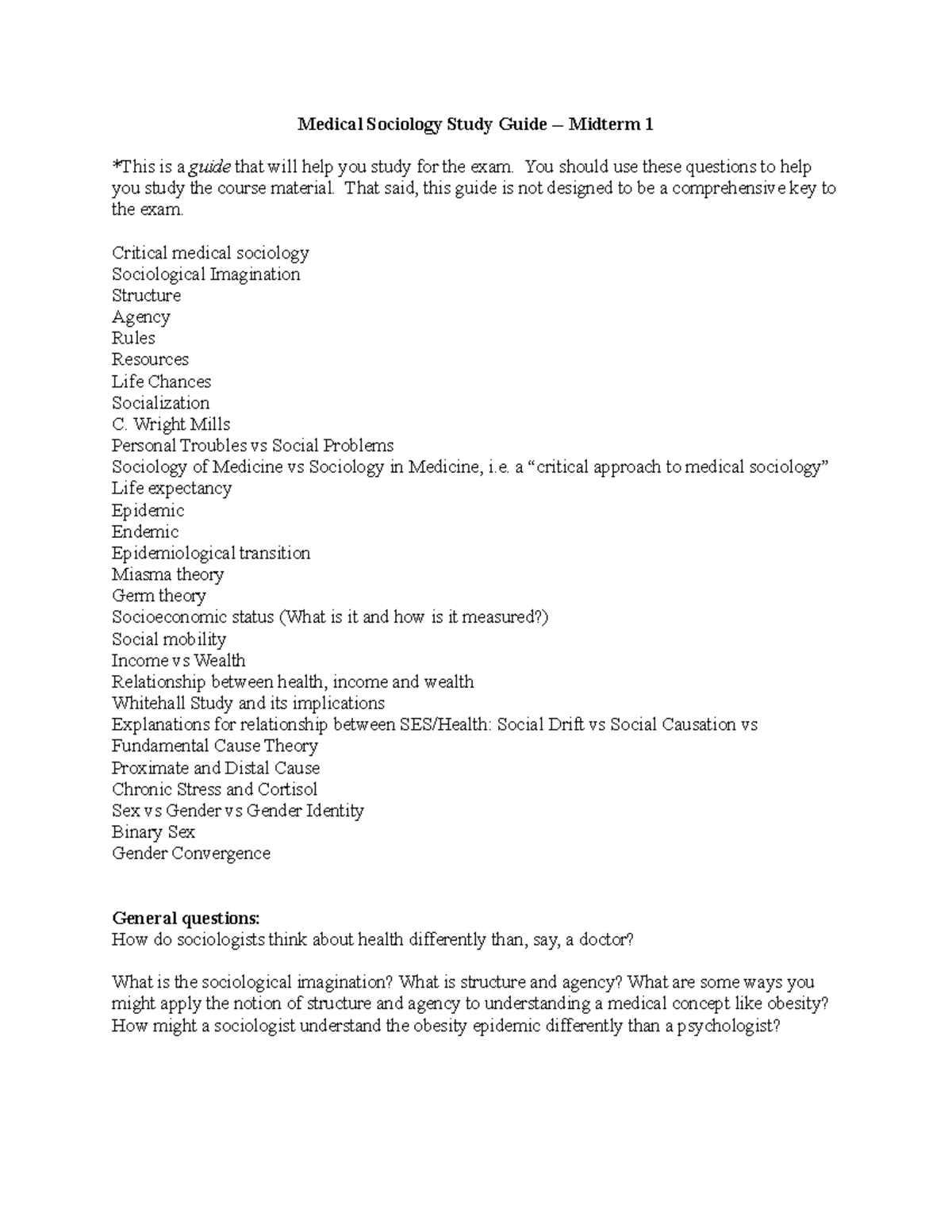 Medical Sociology Midterm Exam 1 Study Guide: Key Concepts & Questions ...