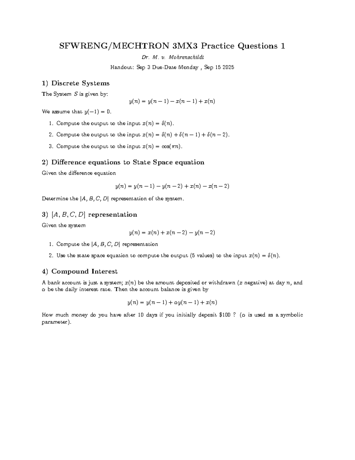 3MX3 Assignment 1: Practice Questions on Discrete Systems and State ...