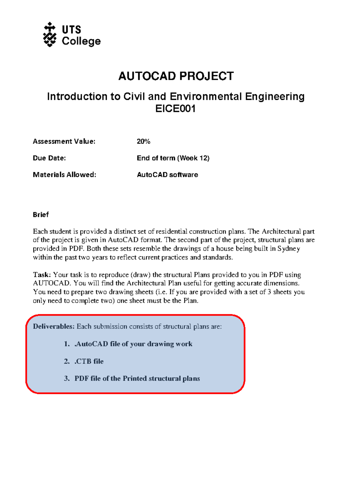 Auto CAD Project Requirements-1 - AUTOCAD PROJECT Introduction to Civil ...