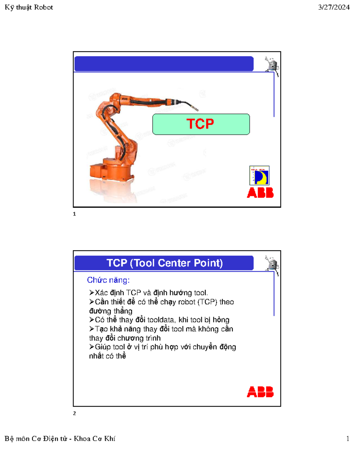 Kỹ Thuật Robot TCP 1: Xác Định Tool Center Point và Chức Năng - Studocu