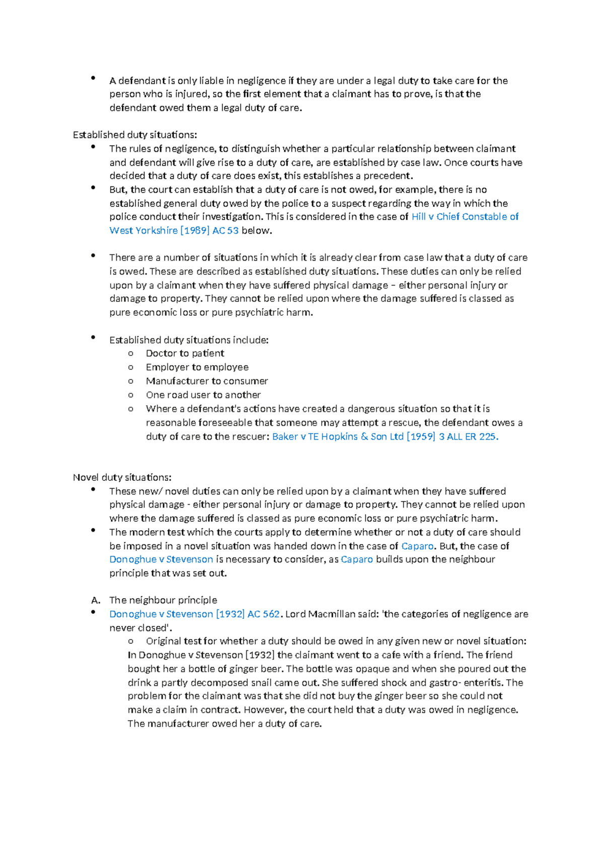 Duty of Care Notes - Tort Law Overview (TORT 101) - Studocu