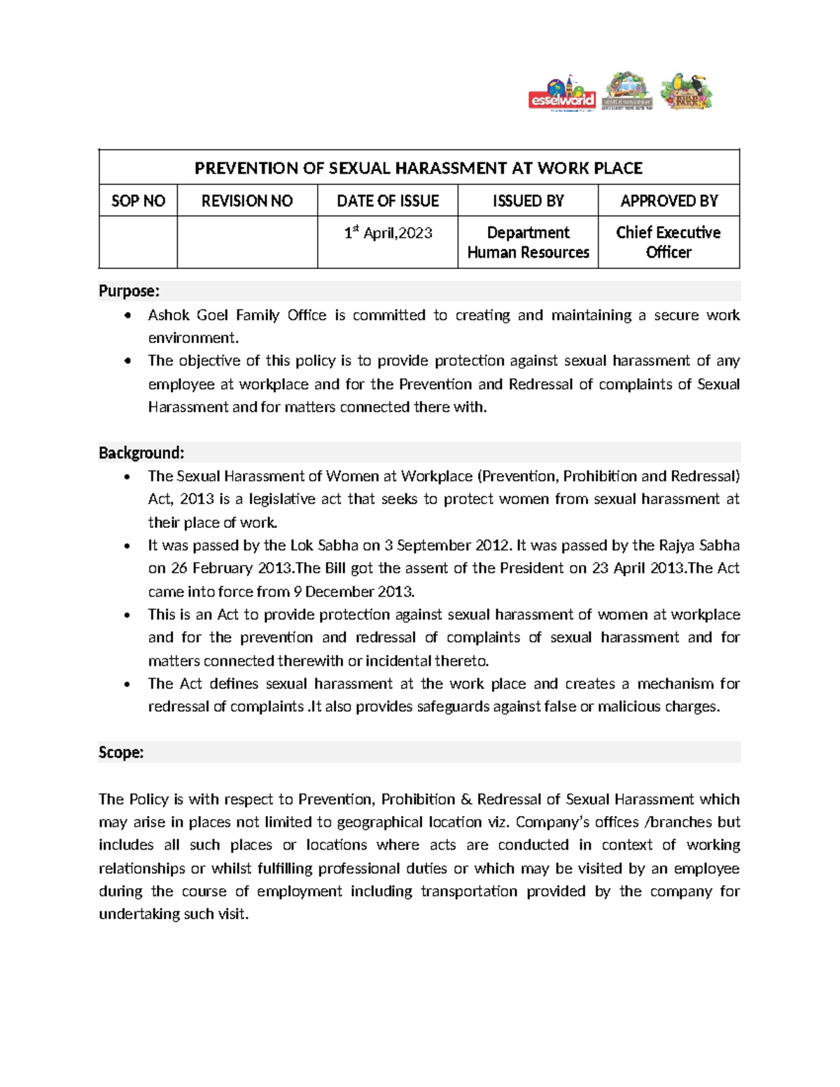 POSH Policy SOP - Prevention of Sexual Harassment at Workplace - Studocu