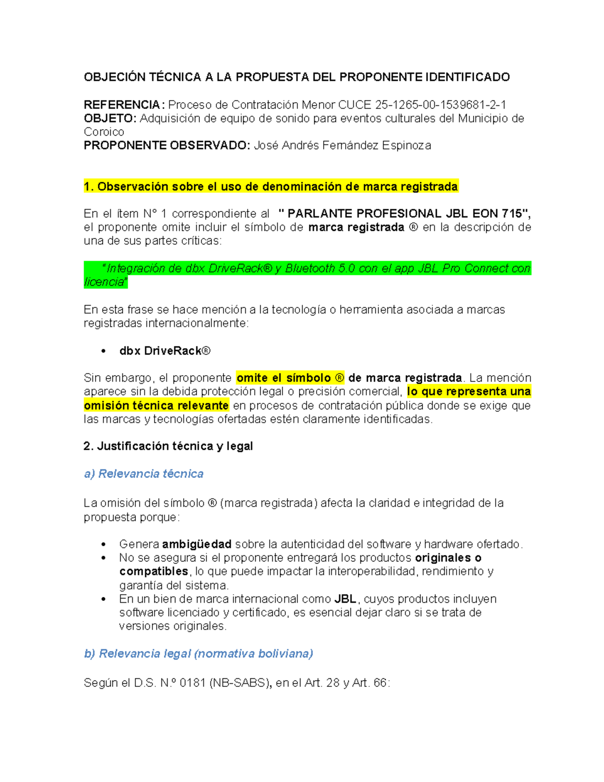 Objeción Técnica a la Propuesta del Proponente Identificado - CUCE ...