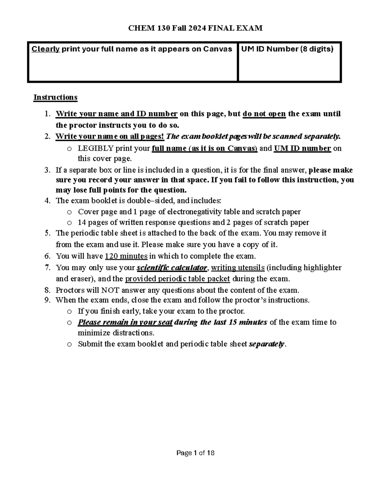 CHEM 130 Fall 2024 FINAL EXAM Instructions and Guidelines - Studocu