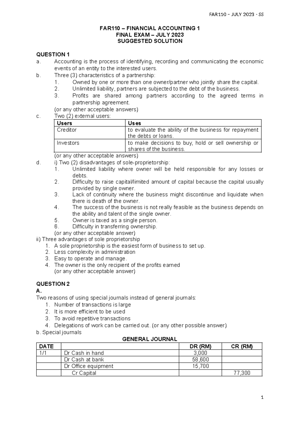 FAR110 JULY 2023 SS FINANCIAL ACCOUNTING 1 FINAL EXAM SOLUTIONS - Studocu