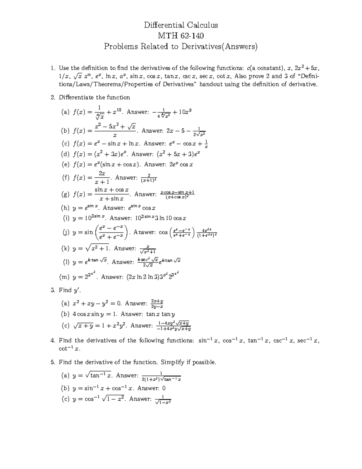 Sample Problems For Derivatives - Differential Calculus MTH 62 ...