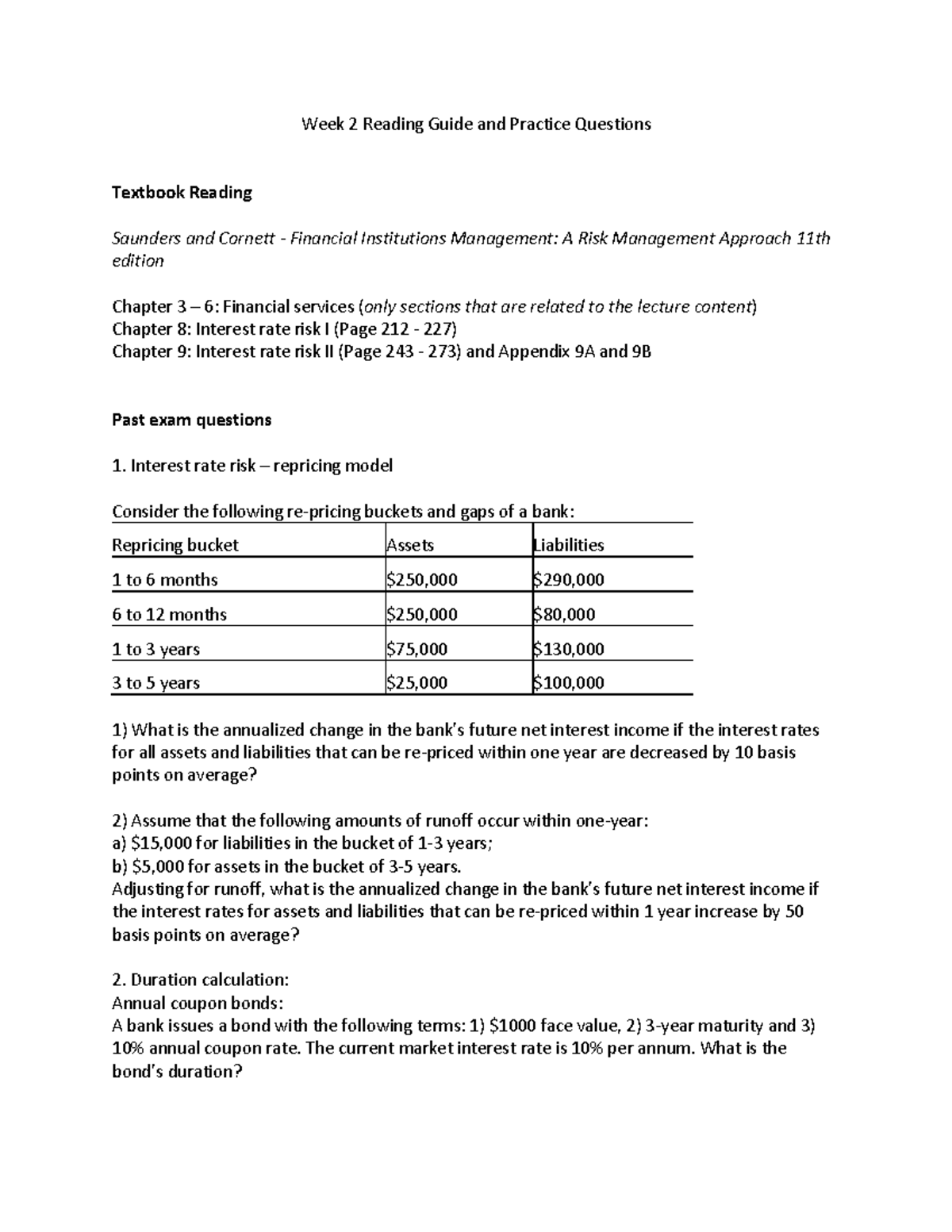 Week 2 Reading Guide & Practice Questions - FIN 301: Interest Rate Risk ...