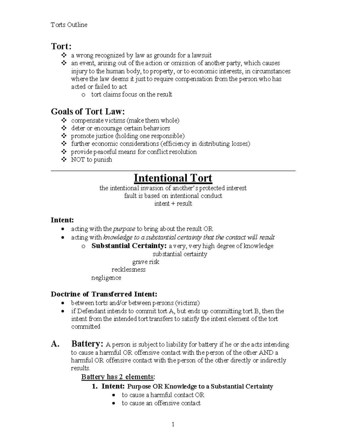 Torts Midterm Outline: Key Concepts and Intentional Torts - Studocu