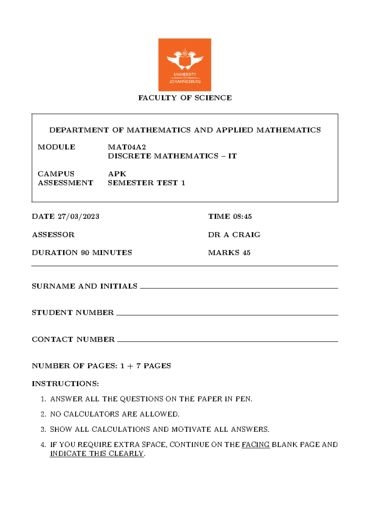 MAT02A2 LINEAR ALGEBRA FINAL ASSESSMENT SEMESTER TEST - Studocu