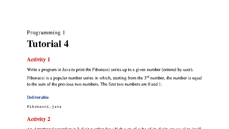 Programming 1 Tutorial 4: Java Activities on Arrays & Numbers - Studocu